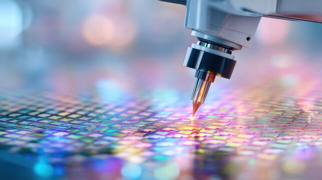 Extreme macro of a robotic arm handling a single atom layer of graphene, iridescent soap bubble sheen on a dark silicon wafer, microscopic hexagonal patterns