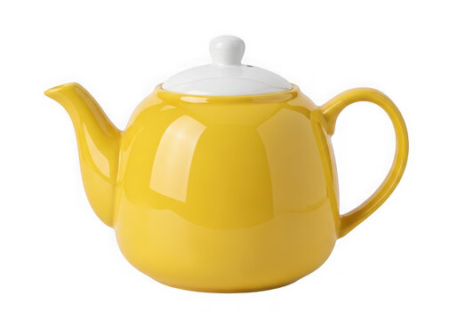 Bright yellow teapot with white lid on clean background