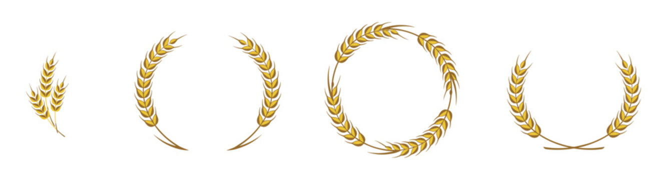 Collection of four golden wheat ear wreaths and emblems in various circular and semicircular arrangements representing harvest and agriculture