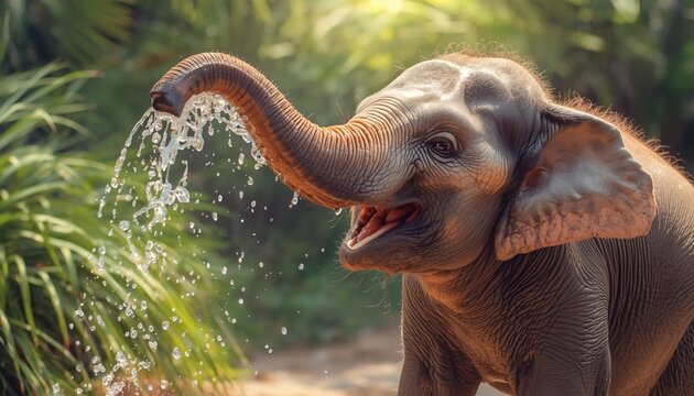 Asian Elephant Calf Spraying Water Gouache Illustration