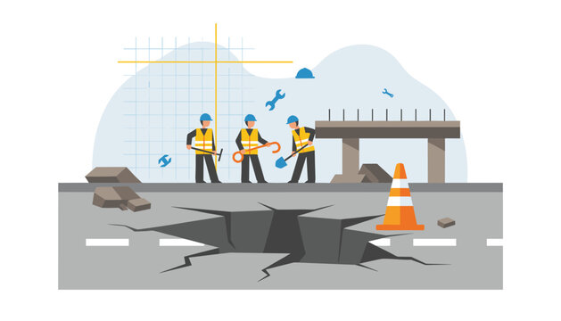 Three construction workers using tools to repair a deep pothole in a damaged road section with a traffic cone nearby for protection.