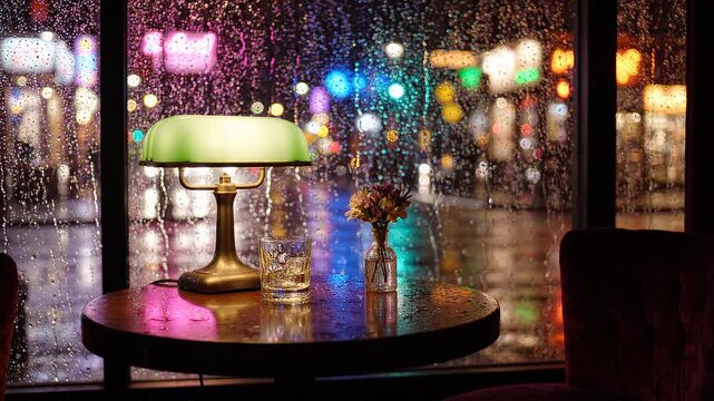 Cozy cafe table with a green banker lamp, a glass of whiskey, and a small vase of flowers by a rainy window at night