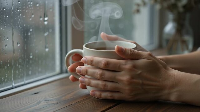 Holding warm mug of hot drink with steam by window on rainy day