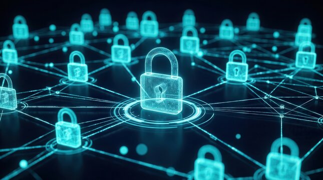 Secure network connections with glowing blue digital locks for cyber security concept.