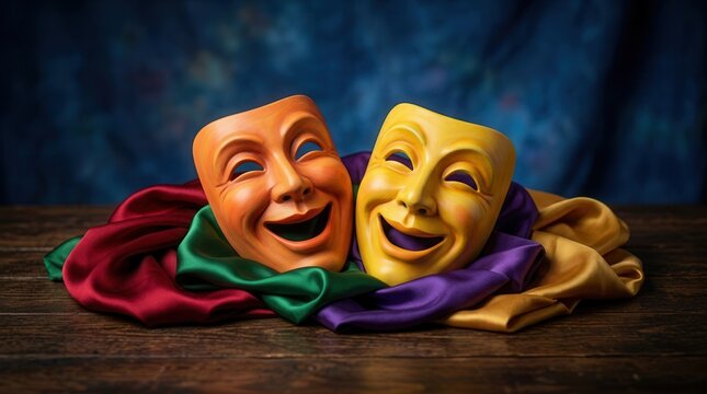 Theatrical comedy and tragedy masks lying on draped colorful cloth atop a dark wooden table.
