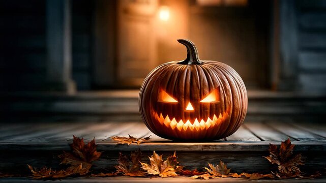 Glowing Jack-o-Lantern on Porch Steps