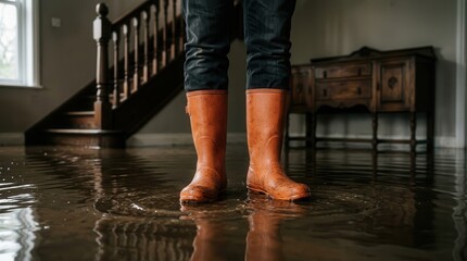 Obraz na płótnie Canvas Person in orange rubber boots wading through murky floodwater inside a flooded house.