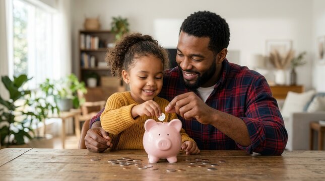 Child learns about money management and finance with her father using a pink piggy bank.