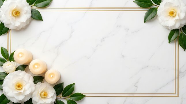 Sympathy card template with lit candles, white roses, and a gold marble border.