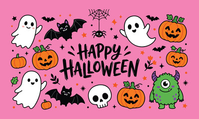 Naklejka premium Cute halloween illustration with ghosts bats pumpkins and monster