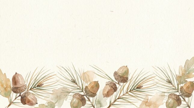 watercolor autumn forest bottom border with pine branches, acorns, and oak leaves on textured paper. thanksgiving and fall season concept. banner, website header, greeting card with copyspace.