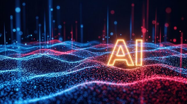 Collaboration between humans and advanced artificial intelligence illustrated by glowing waves and AI text.