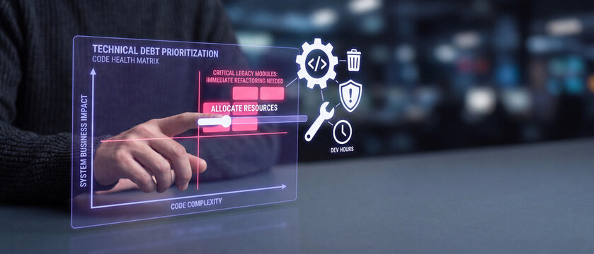 Technical debt prioritization concept with a person interacting with a digital holographic interface showing a code health matrix