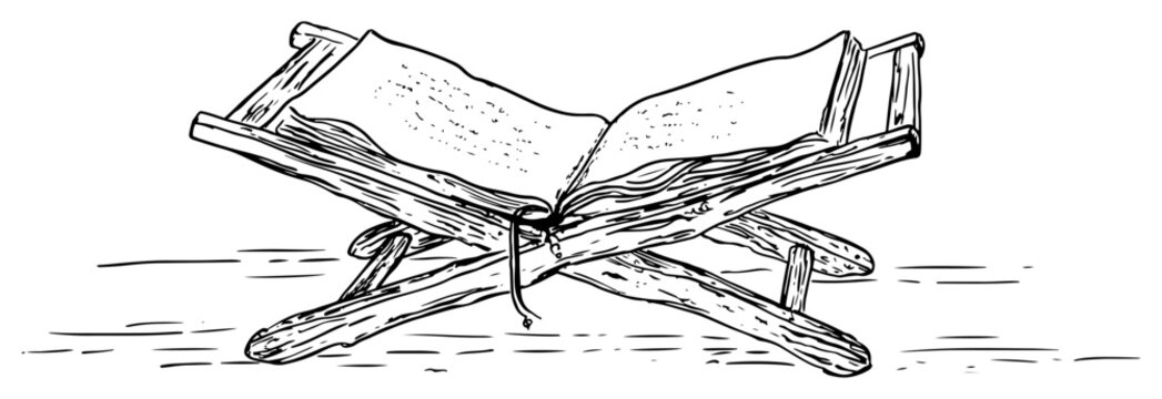 Open book on traditional wooden rehal stand in black and white sketch style