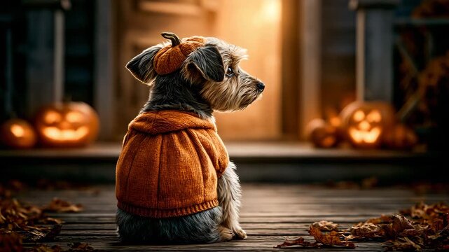 Dog in Pumpkin Costume on Porch