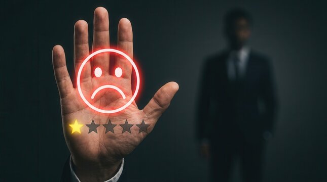 One star rating and sad face emoji held by a customer to express dissatisfaction and bad service.