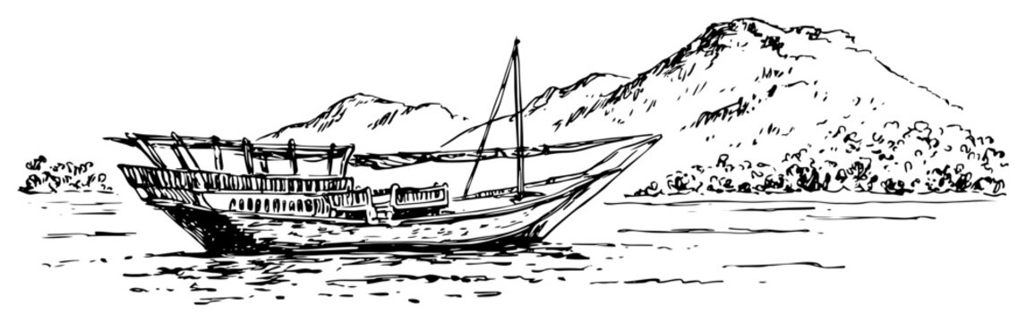 Traditional dhow sailing boat near mountain coastline sketch style