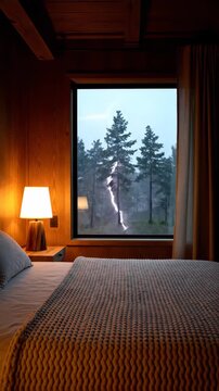 Cozy Bedroom View of Misty Forest at Dusk with Warm Lamp Light.