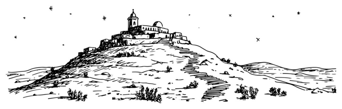 Islamic mosque building on top of a hill under starry sky in sketchy ink drawing style