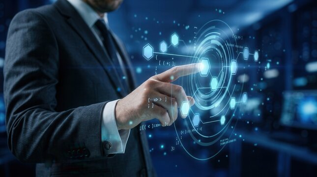 Pattern detection and code optimization through a businessman touching an algorithm development console.