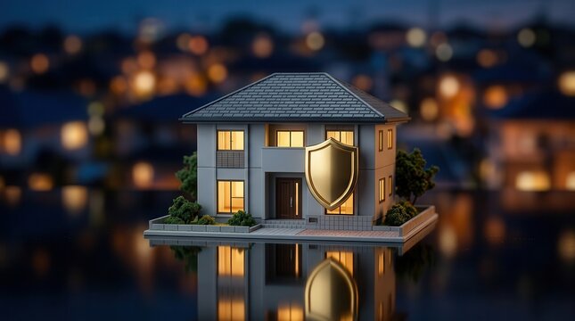 Secure residential coverage concept showing a miniature house with a protective shield and warm window light.