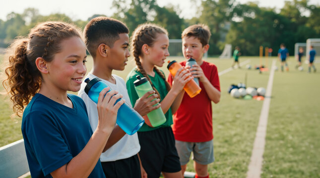 Diverse group of children drinking water from reusable bottles on a soccer field. Youth sports team taking a hydration break during practice. Active healthy lifestyle concept