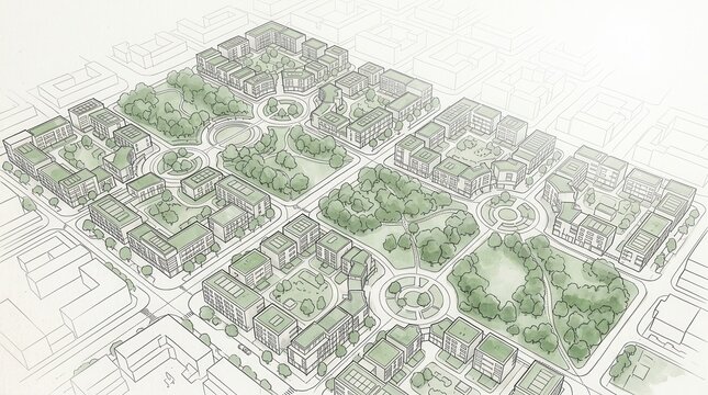 Architectural master plan sketch showing sustainable urban development and city park landscapes.