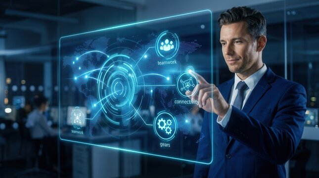 Businessman managing collaboration tools and task tracking via mobile smartphone technology.