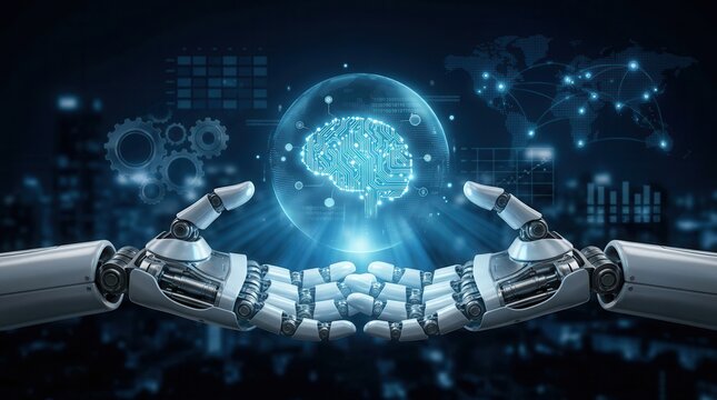 Intelligent decision-making and predictive analytics concept featuring a robotic hand with a digital machine learning model.