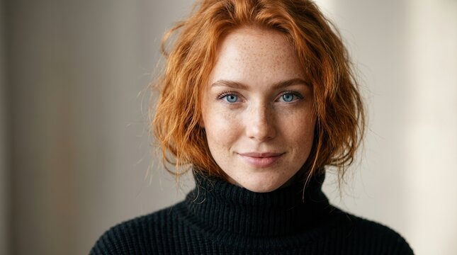 Vibrant red hair and blue eyes of a freckled woman wearing a black turtleneck sweater.