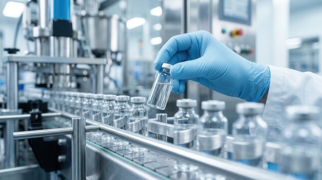 Close-up of a laboratory technician operating a sterile pharmaceutical production line with glass vials and machinery.