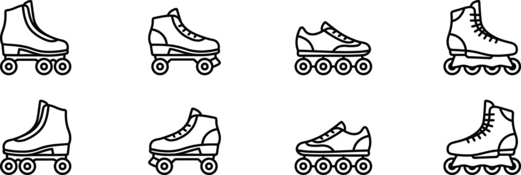 Roller skate and inline skate icons set black and white line art collection