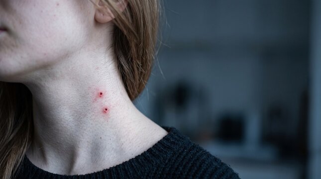 Close up of a person's neck showing two red bite marks with blood, suggesting a vampire attack for Halloween