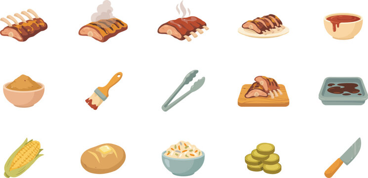 Collection of barbecue food icons featuring grilled ribs, corn, sauce, and kitchen tools in flat vector style
