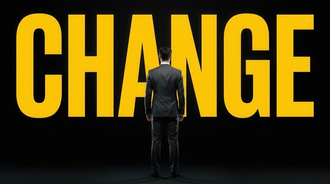 The concept of transformation and strategy shift represented by a man facing the word change.