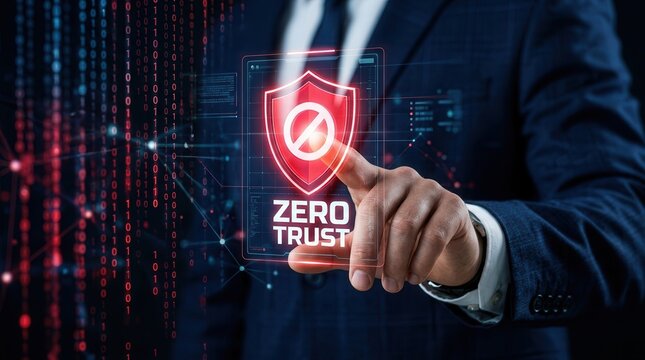 Identity and device verification concept through a zero trust security icon in a digital environment.
