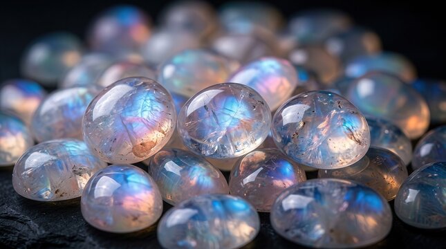 A collection of polished opal and moonstone gemstones featuring iridescent light flashes.