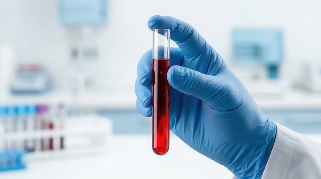 Close-up of a medical professional performing clinical analysis with a blood sample test tube in a lab.