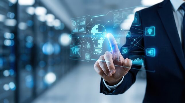 Strategic system integration and business solutions via a futuristic digital interface.