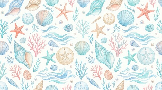A premium seamless watercolor pattern featuring charming coastal summer elements including seashells, starfish, coral branches, sand dollars, pearls, tiny seaweed, and soft ocean waves