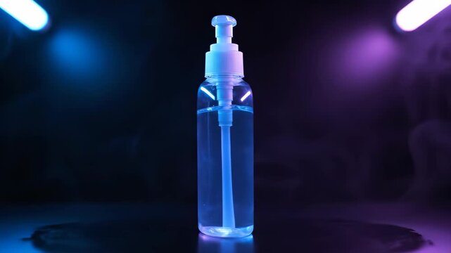 Hand Sanitizer Bottle Illuminated by Neon Lights.