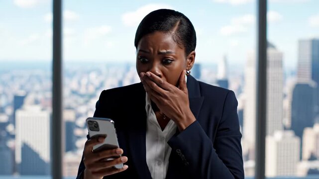 Shocked Businesswoman Reacts to Bad News on Phone in Office.