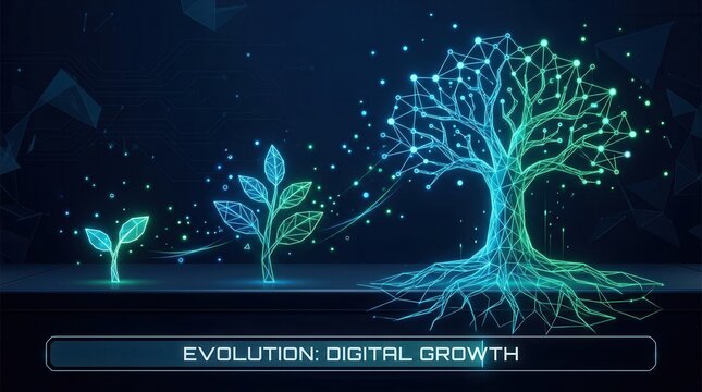 Digital maturity and evolution concept featuring plant icons growing into a network tree.
