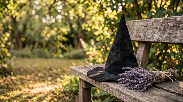 Black witch hat and lavender bouquet resting on a rustic wooden bench in a sunlit garden