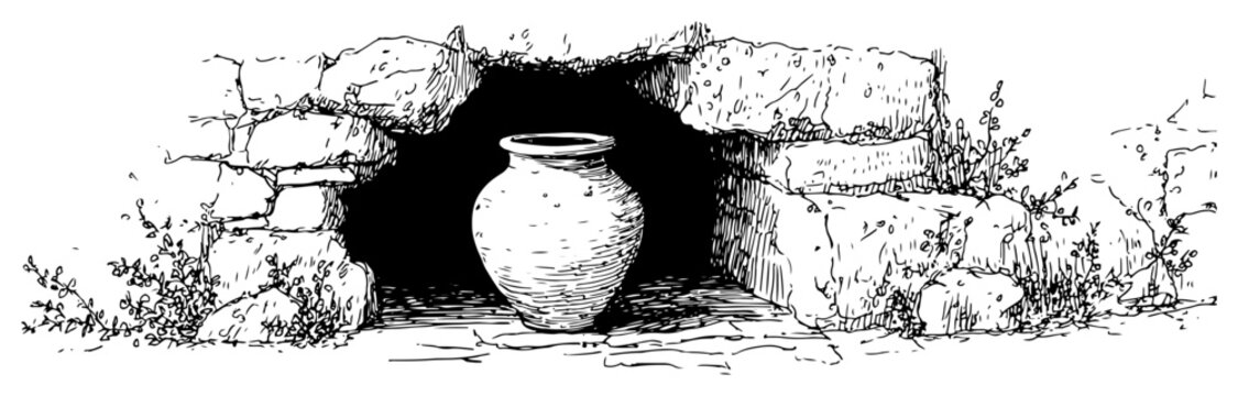 Ancient clay jar next to stone wall and cave entrance in hand drawn monochrome sketch style