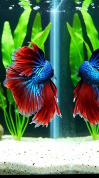 Two Siamese Fighting Fish in Aquarium with Bubbles.