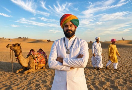 Confident portrait of a traditional Rajasthani man wearing a colorful turban standing in the Thar desert with a resting camel