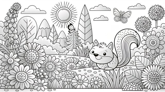 Coloring page cute funny animal squirrel, cartoon style, animation