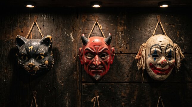 Three vintage Halloween masks a black cat devil and clown hang on a rustic wooden wall with spotlights above