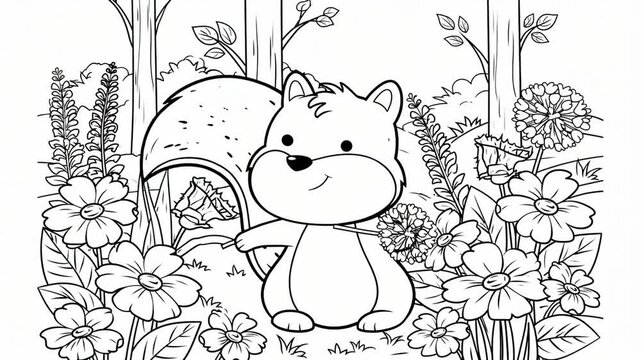 Coloring page cute funny animal squirrel, cartoon style, animation